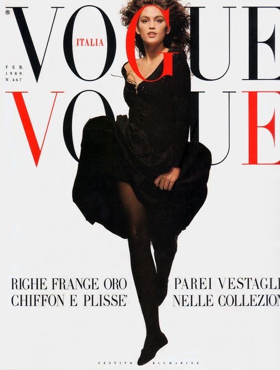 Vogue İtalya, Şubat 1989. Kapakta, Cindy Crawford.